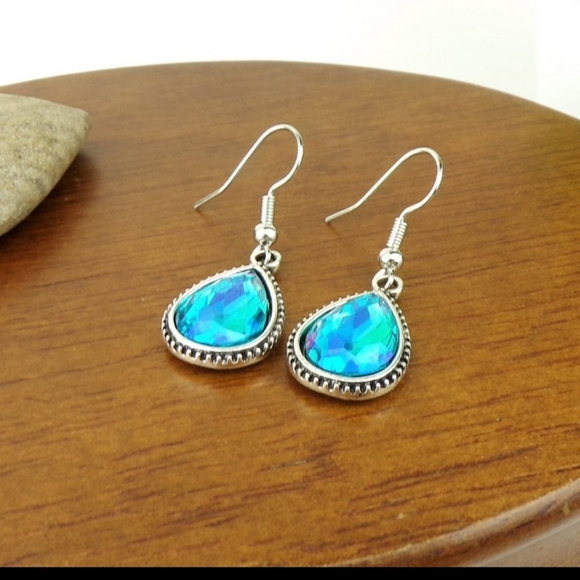Turquoise Rhinestone Teardrop Earrings - Picture 2 of 4